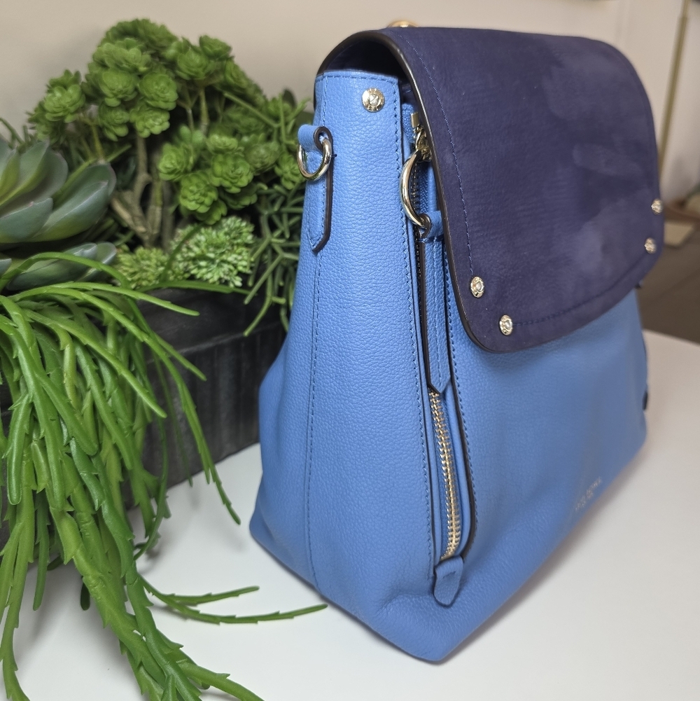 Henri Bendel Convertable Backpack In Pebble Grain Leather Periwinkle-Navy Suede - Picture 3 of 14